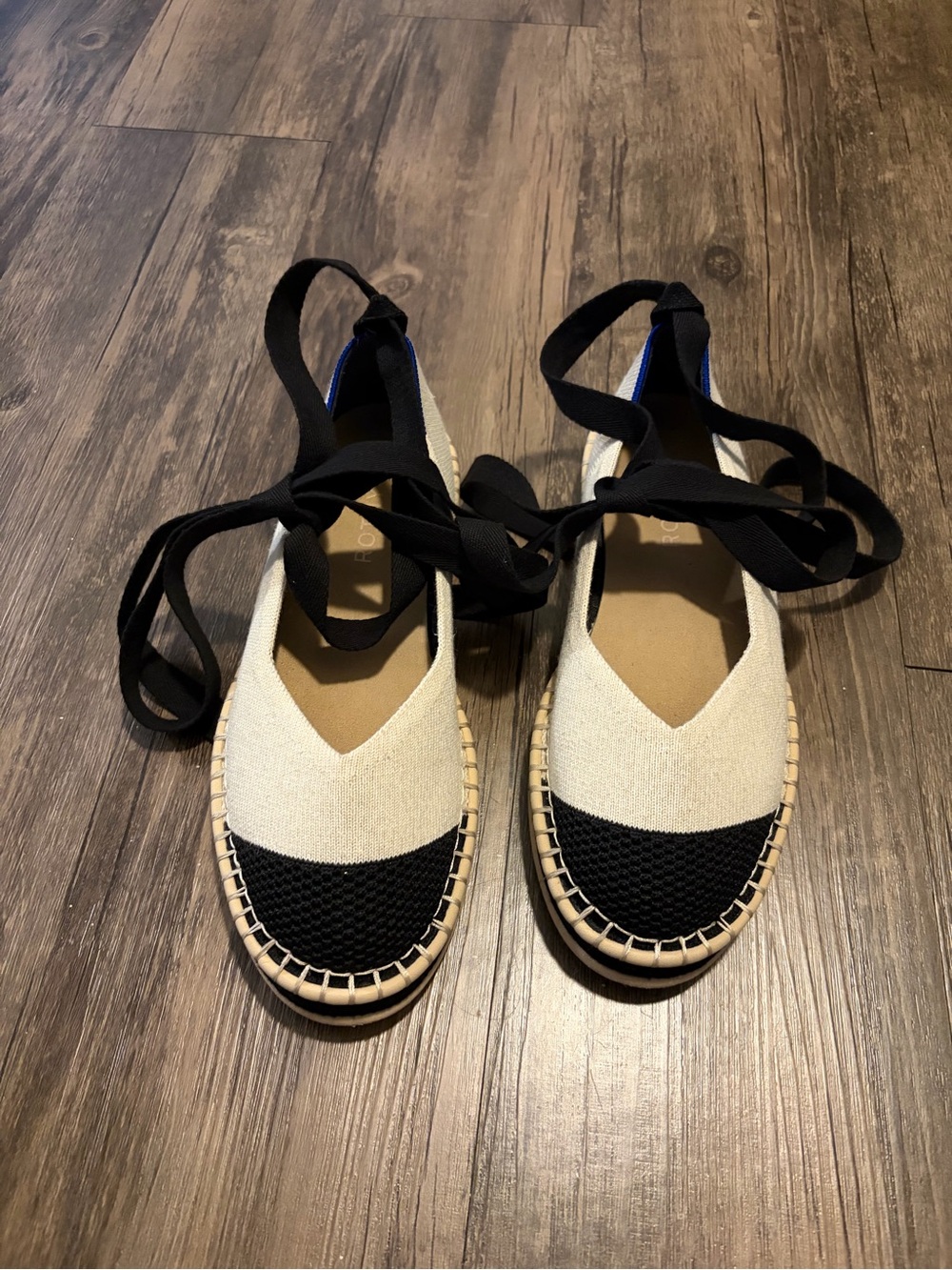 Rothy's Black Cream Espadrille Ballet Flats Ankle Tie Cap Toe Woven Colorblock 7